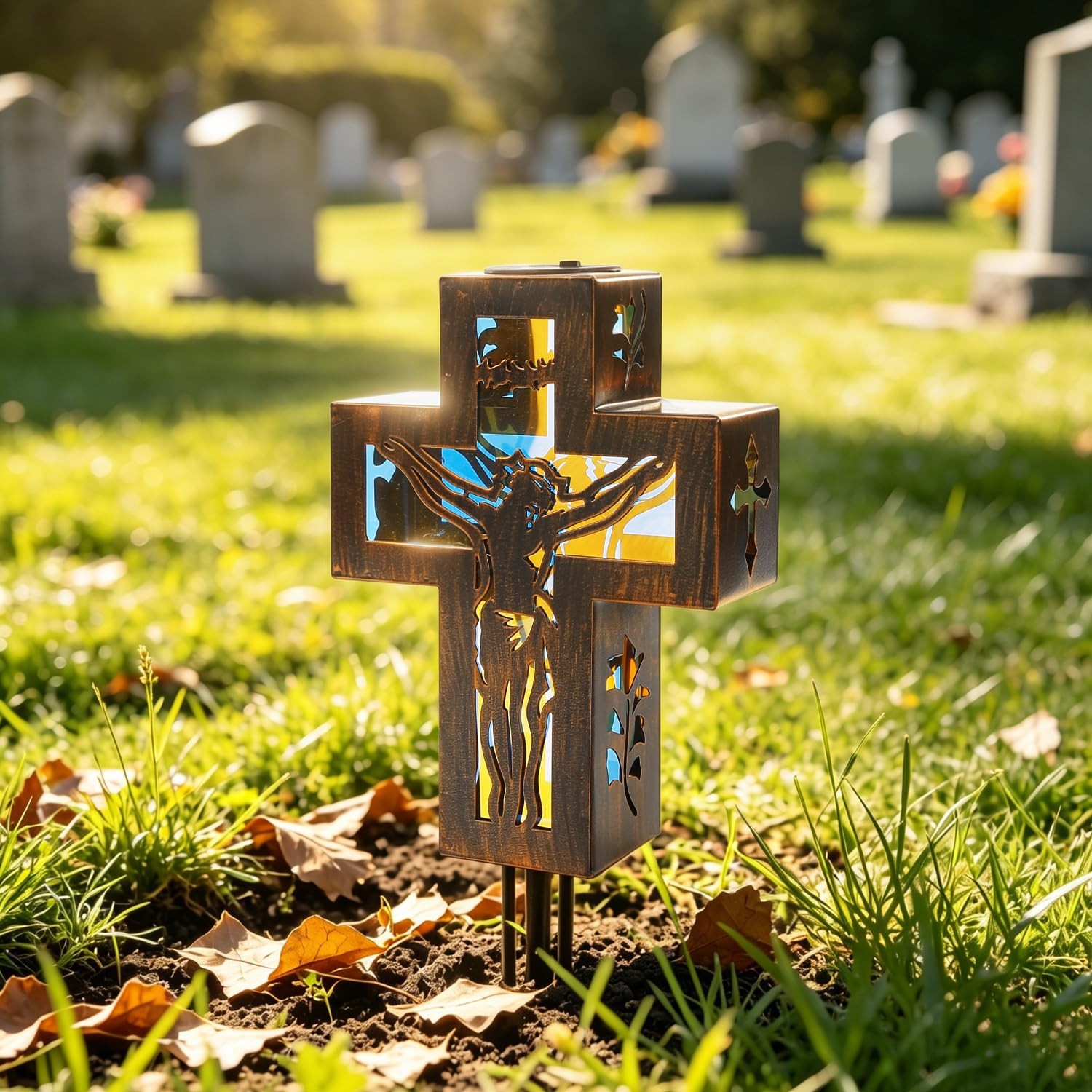 Solar Cross Stake Lights Outdoor Memorial Gifts for Cemetery Grave Decor 10 W…