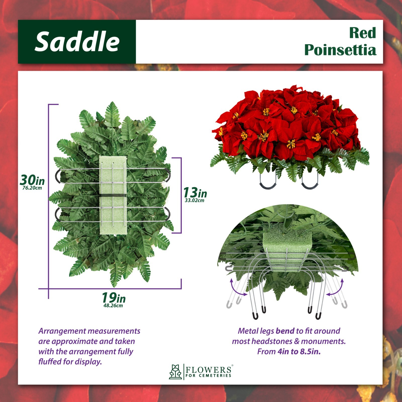 Artificial Cemetery Flowers – Red Poinsettia Saddle, Bouquets & Vases