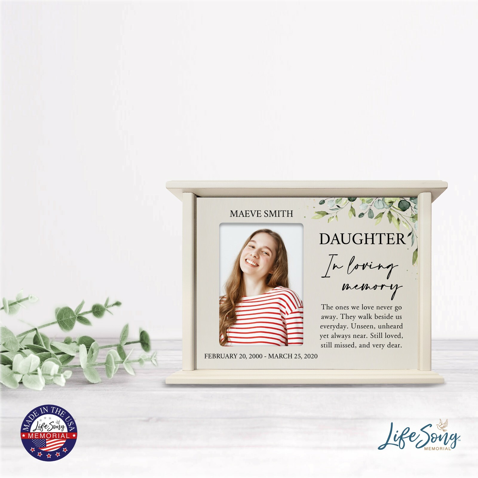 Custom Cremation Urn Box Holds 200 cu in w/ 4×6 Photo – Loving Memory (Daughter)