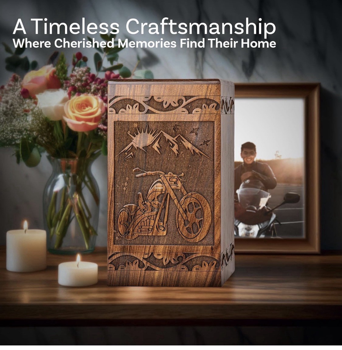 Handcarved Wooden Cremation Urn for Human Ashes – Motorcycle Design 250 Lb