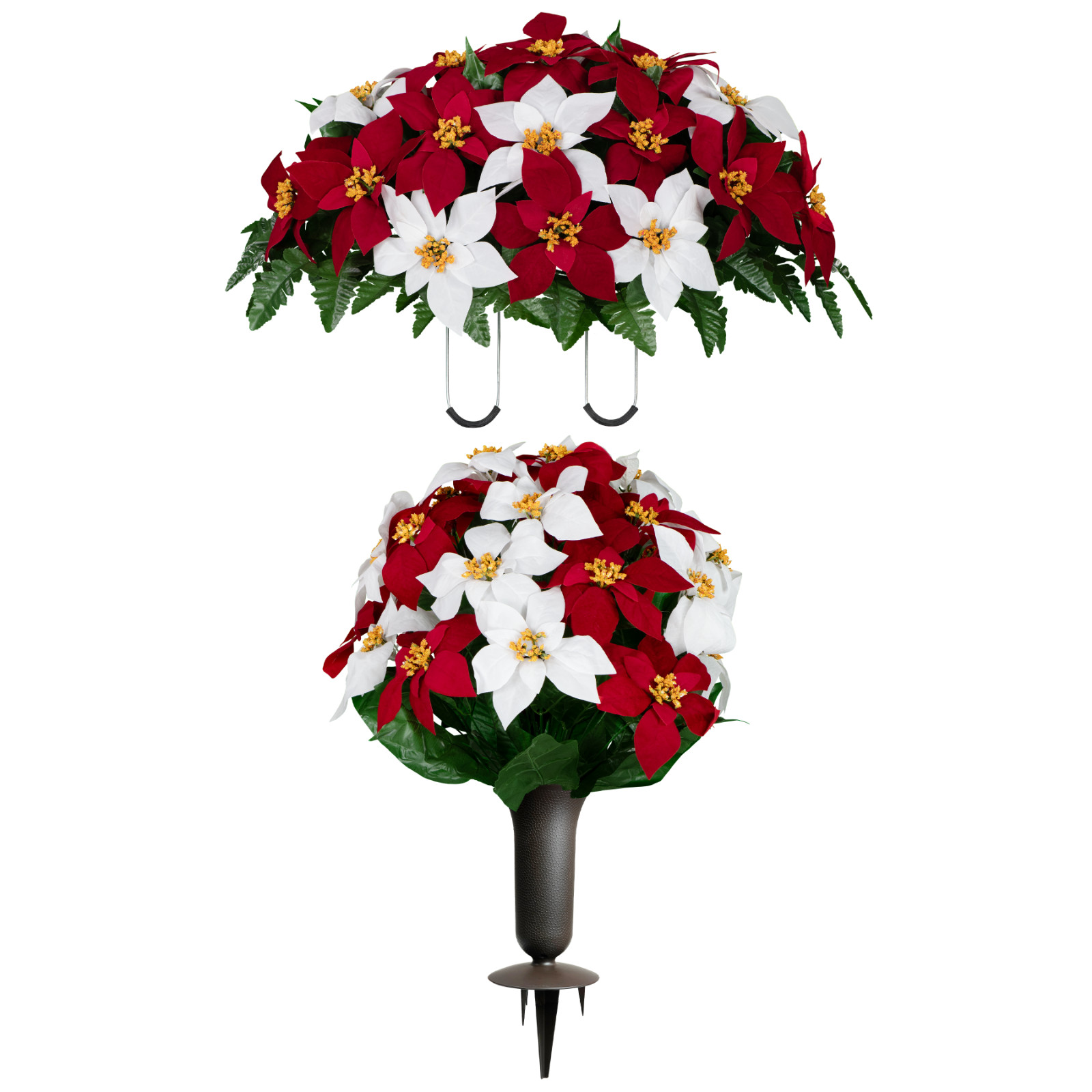 Artificial Cemetery Flowers – Red & White Poinsettia Saddle, Bouquet, & Vase