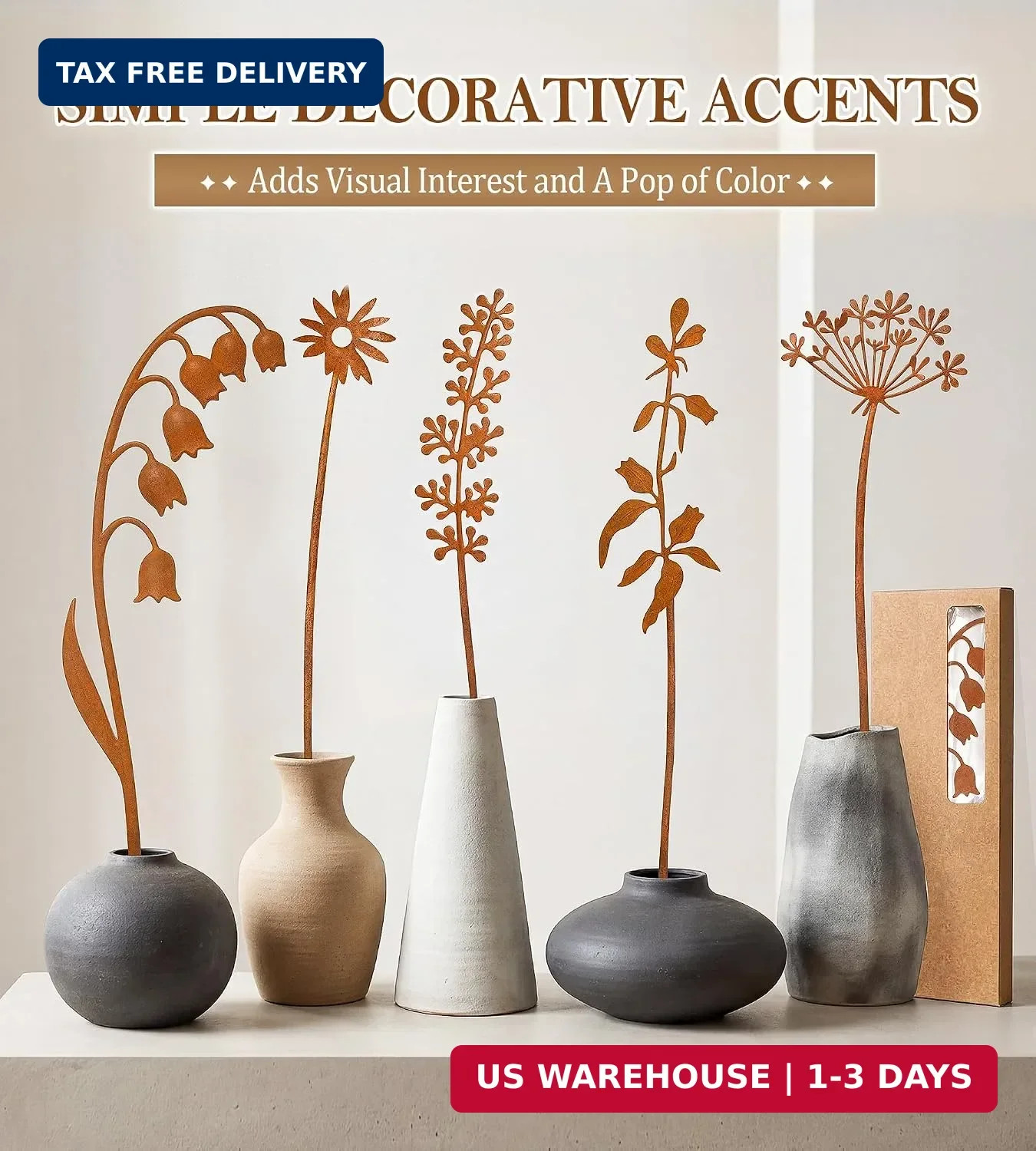 VIS’V Metal Decorative Garden Stakes, 15.7 Inch Rusty Flower Plant Yard Art Stak