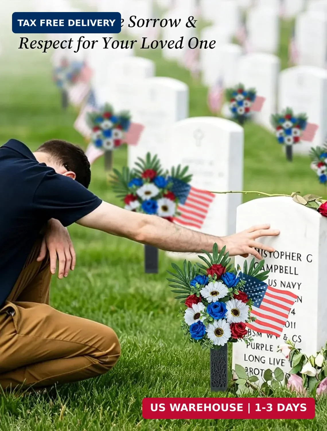 Memorial Day Flowers for Cemetery: 2 Pcs Outdoor Grave 250th Anniversary USA Dec