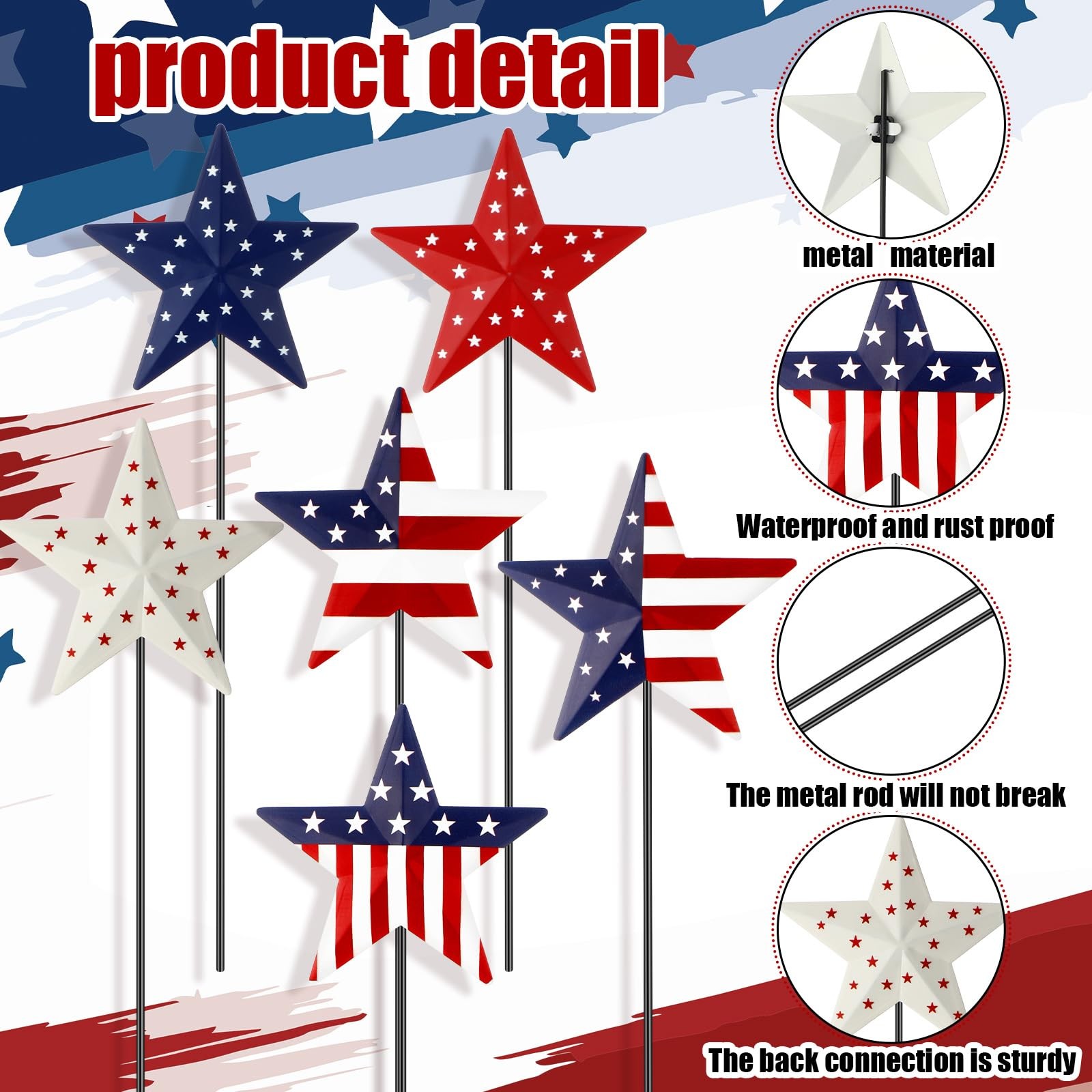 Pickmesh 6 Pcs 12″ H 4th of July Outdoor Decor Patriotic Metal Yard Sign Star