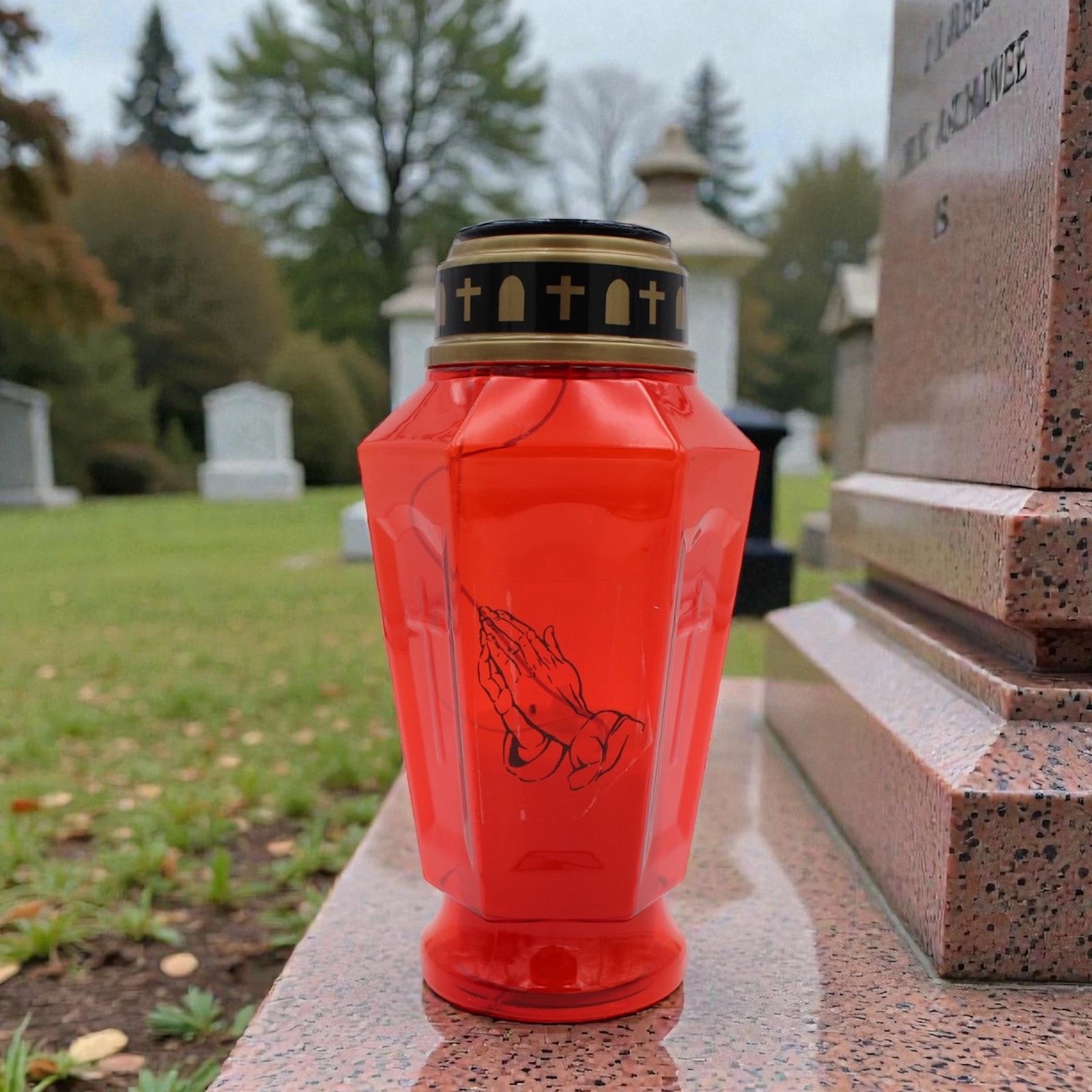 Memorial LED Solar Candle In Red Holder with Praying Hands 22cm Grave Ornament