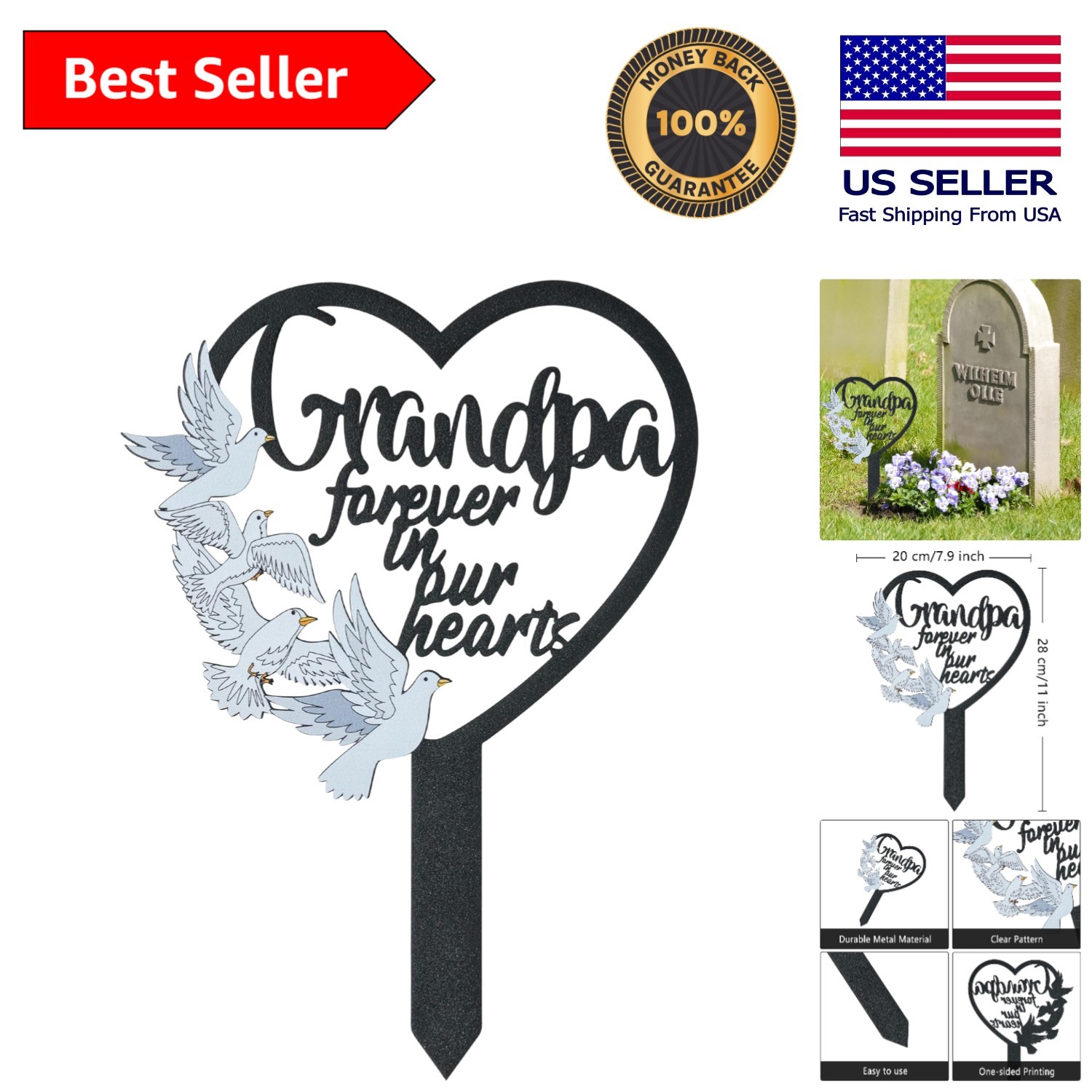 Elegant Metal Grave Marker with Heart and Dove – 11×7.9 Inches for Grandpa