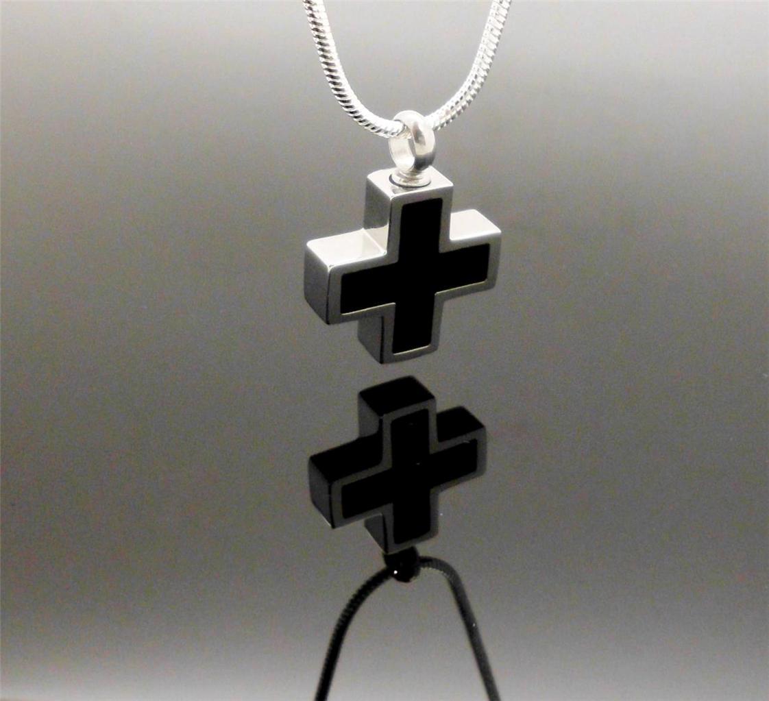 Black & Silver Keepsake Memorial Short Cross Cremation Urn Pendant Jewellery NIB