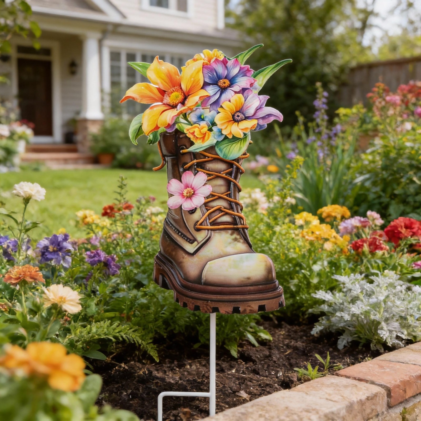 Garden Decor for Outside, 23″ Decorative Garden Stakes Metal Boot with Flower…