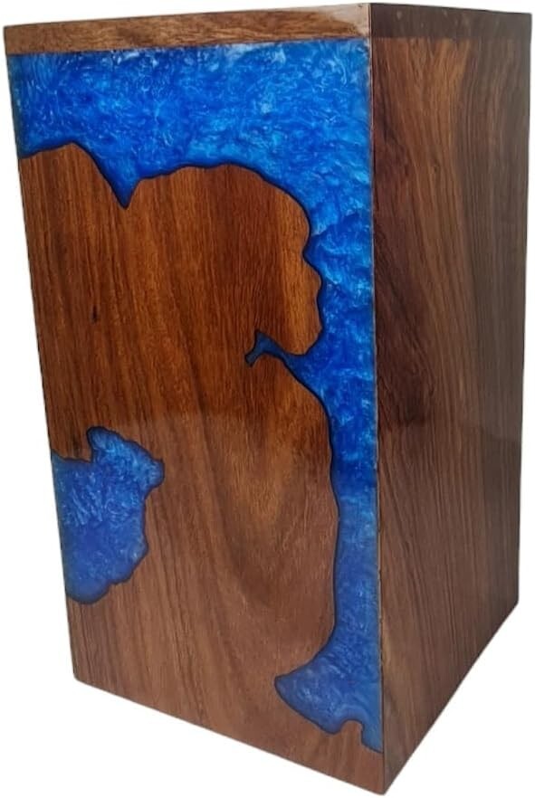 Handmade Rosewood & Resin Carved Wooden Urn for Human Ashes 250cu” Adult – Blue