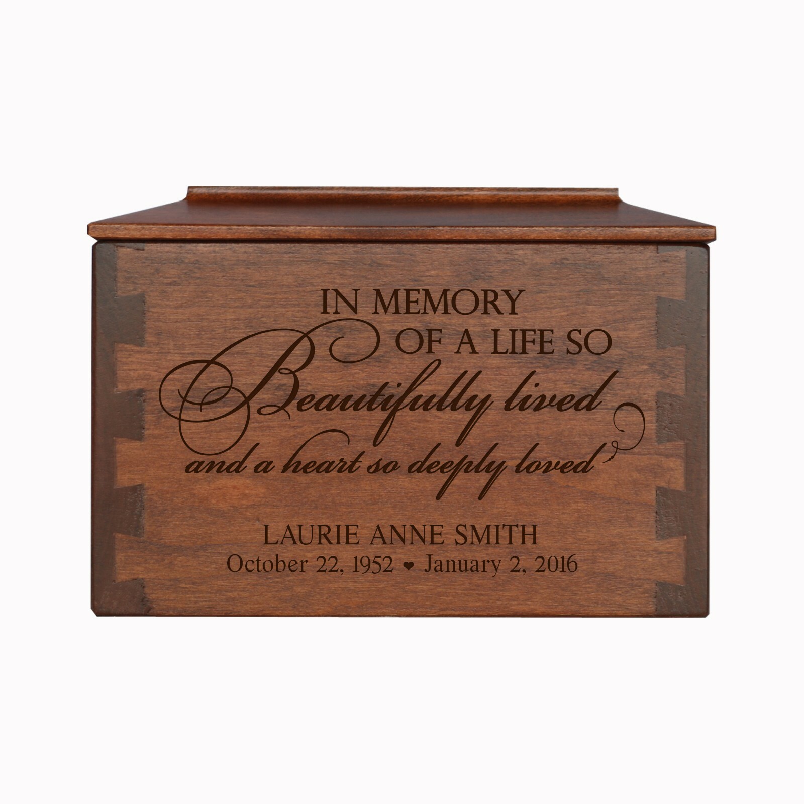 Custom Engraved Dovetail Cremation Urn Box for Human Ashes 7.75″ In Memory of A