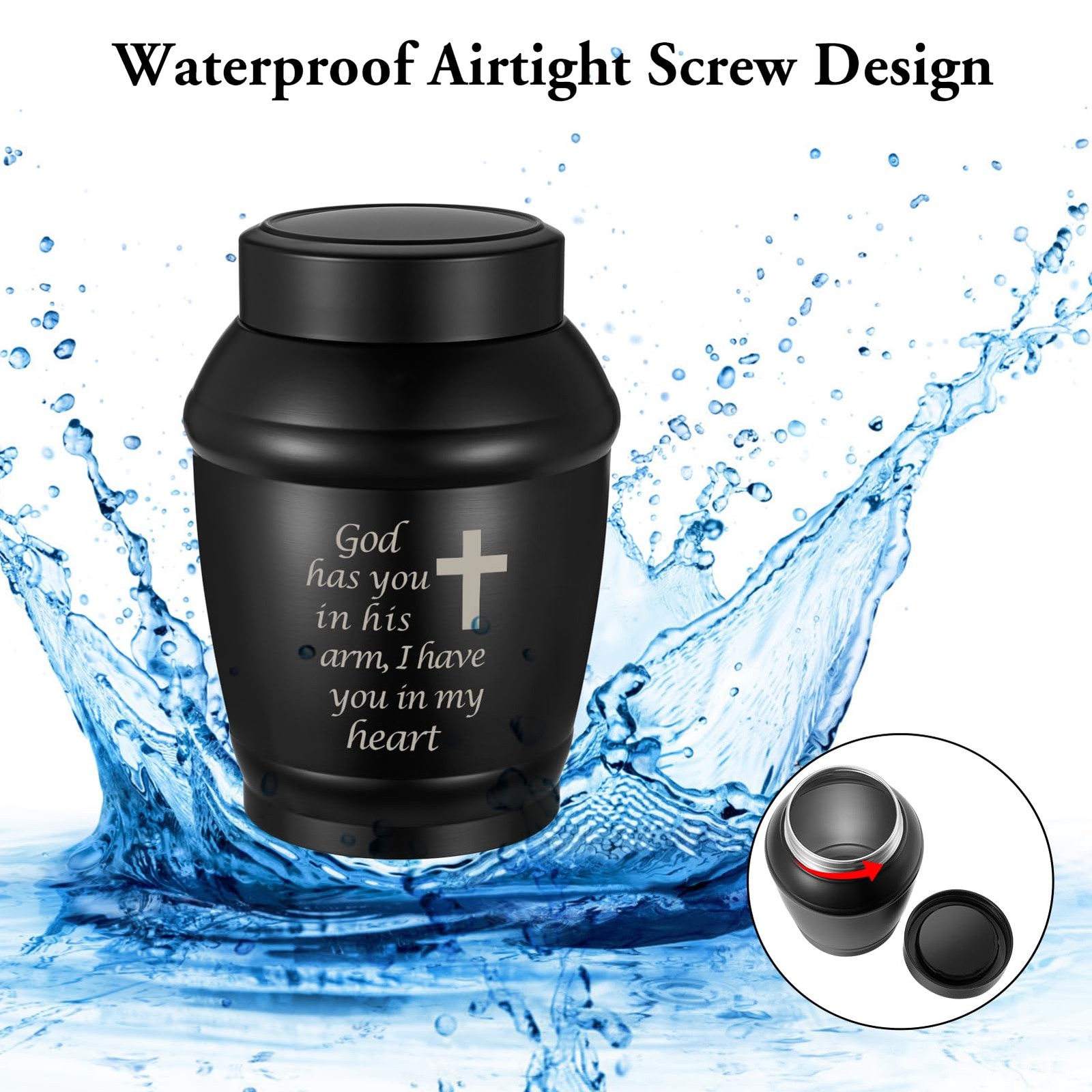 Stainless Steel Cremation Urn 5.5 Inch Black Cross Keepsake Memorial Holder