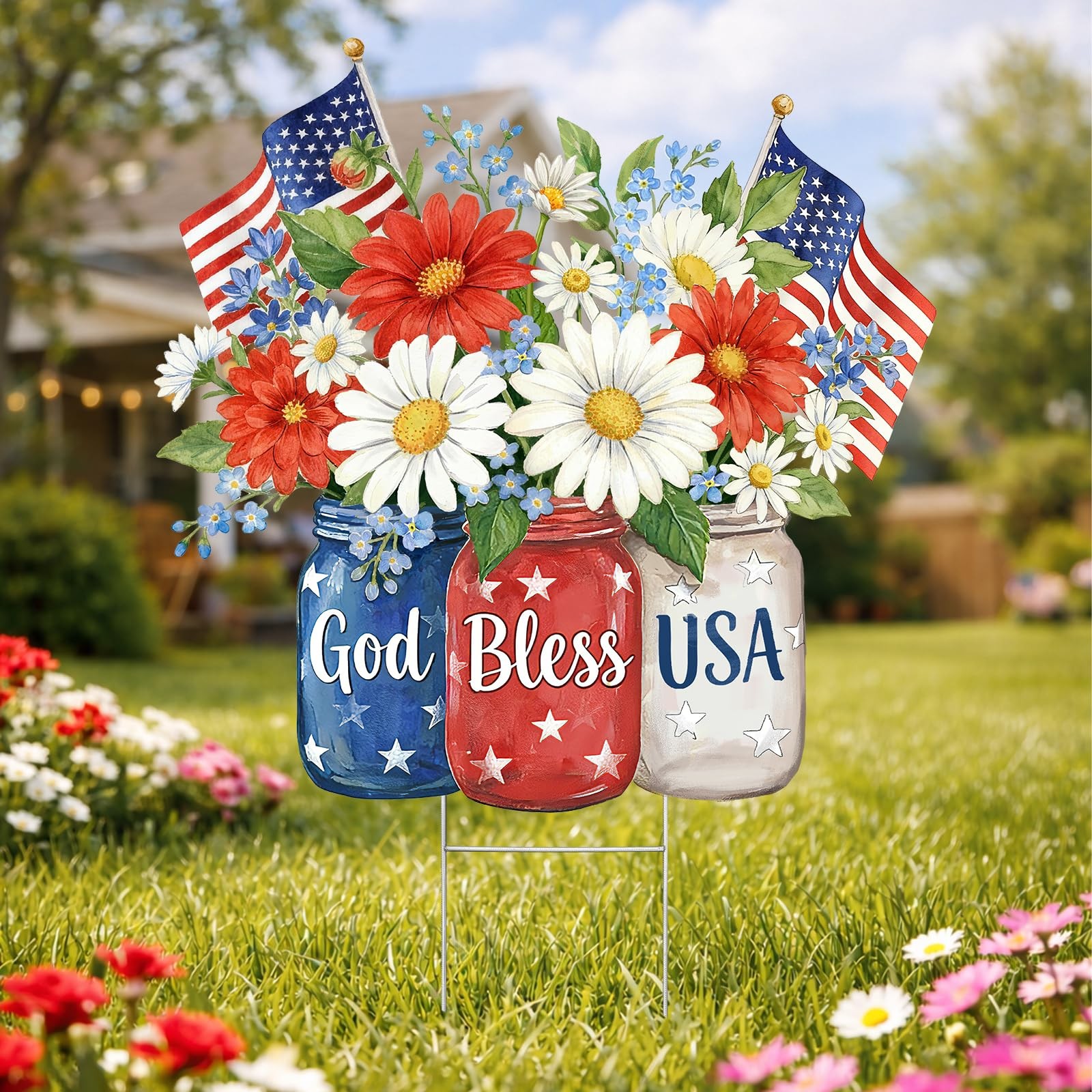 250th Anniversary Yard Sign, Patriotic God Bless USA Garden Stake with Daisy …