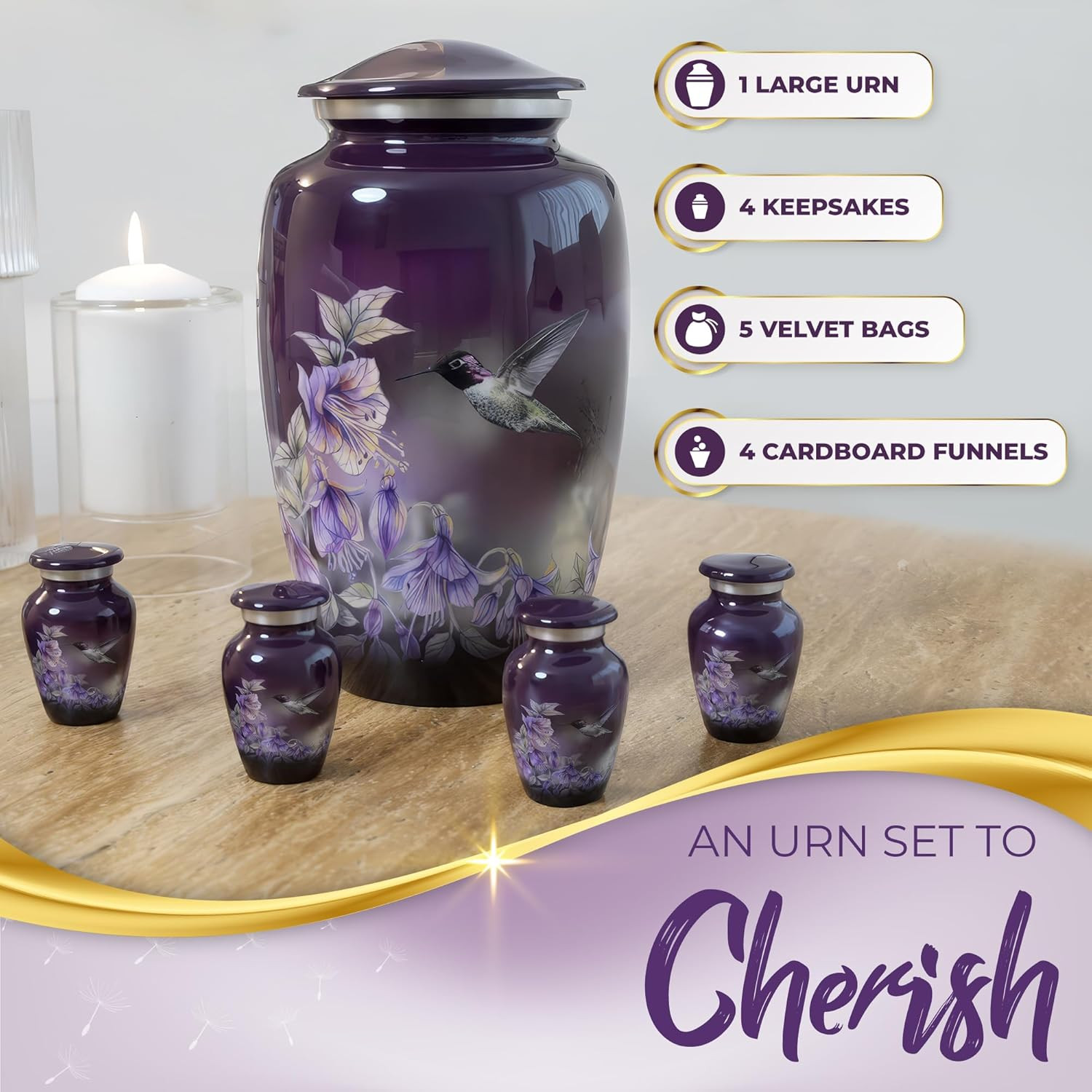 Set of 5 Beautiful Anna’S Hummingbird Urns for Human Ashes Adult Female – 1 Larg