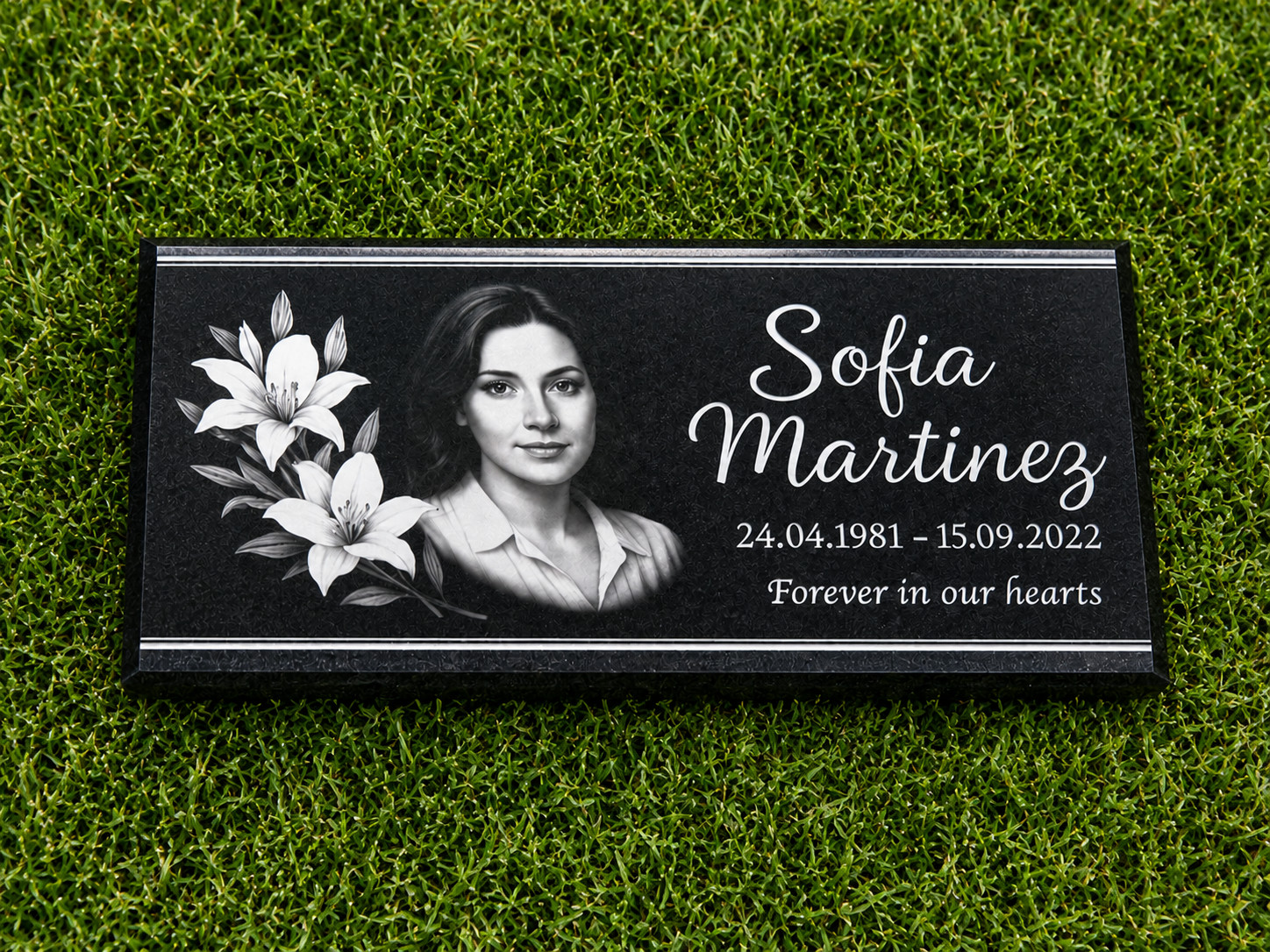 Black Granite Portrait Grave Marker Personalized Floral Memorial Headstone