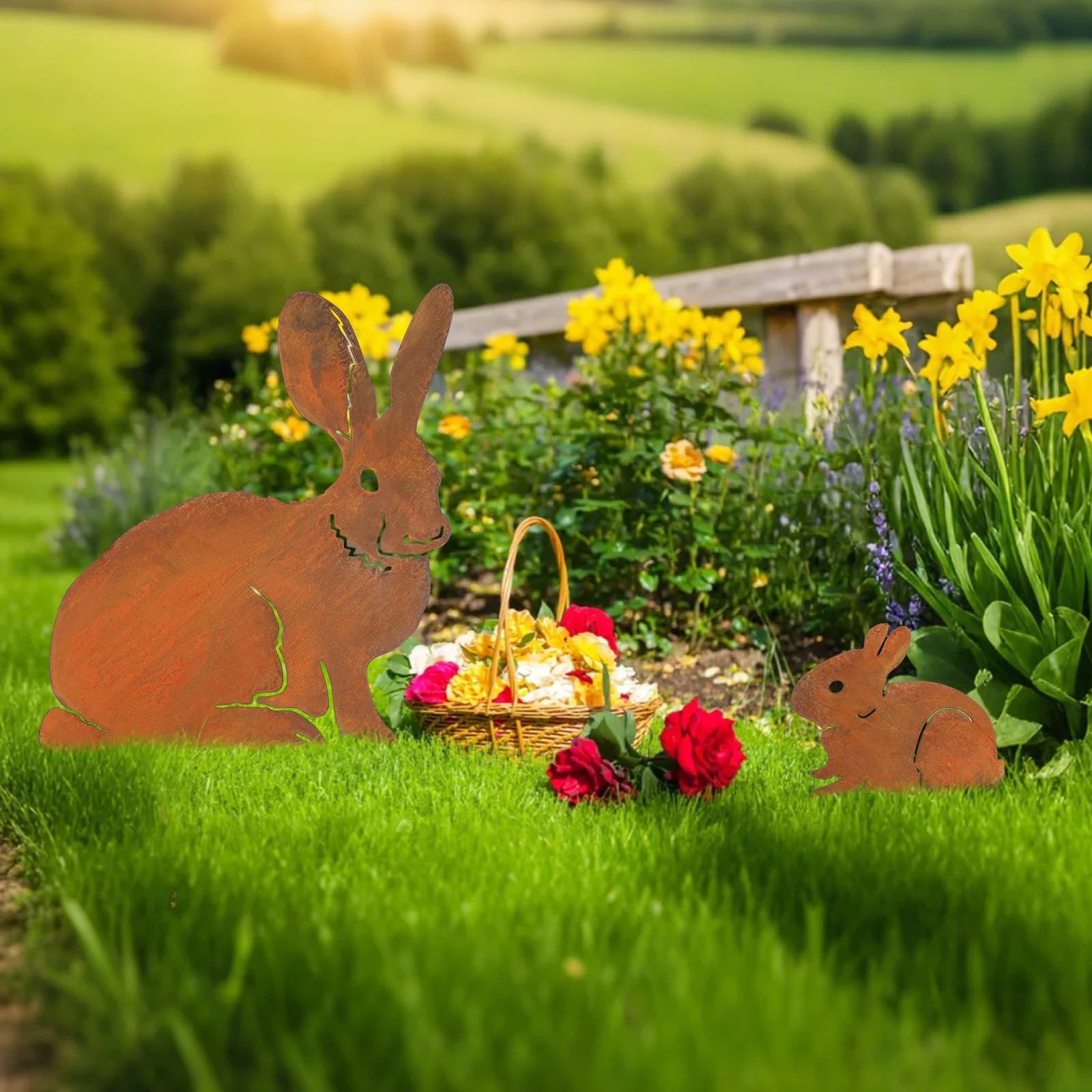 2 Pack Mama and Baby Bunny Garden Stake, Metal Bunny Statue Realistic Long Ea…