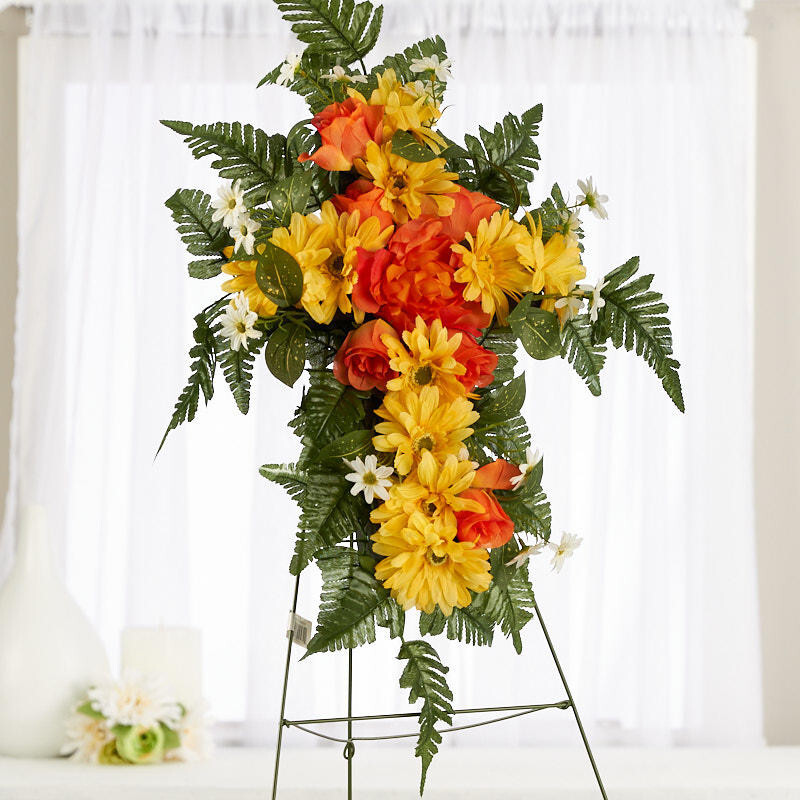 Yellow and Orange Silk Flower Premade Easel Cemetery Cross Arrangement