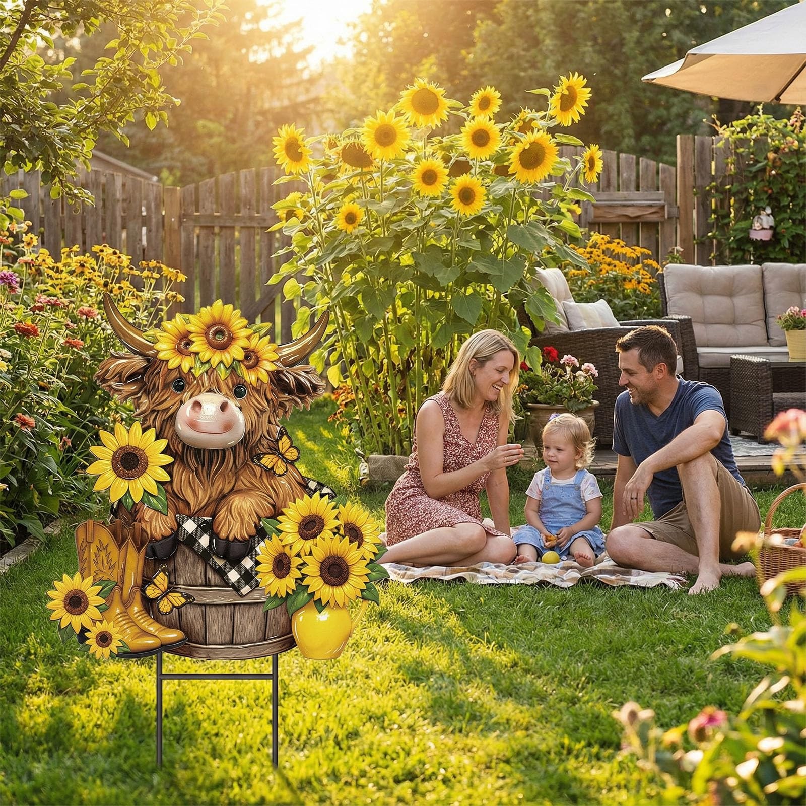 Highland Cow Metal Garden Stakes Outdoor Decor Summer Sunflowers Yard Signs