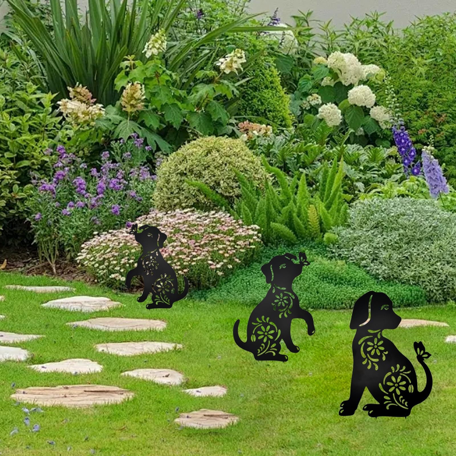 2 Pack Metal Dog Stakes Garden Decor Stakes Black Dog Silhouette Statue for O…