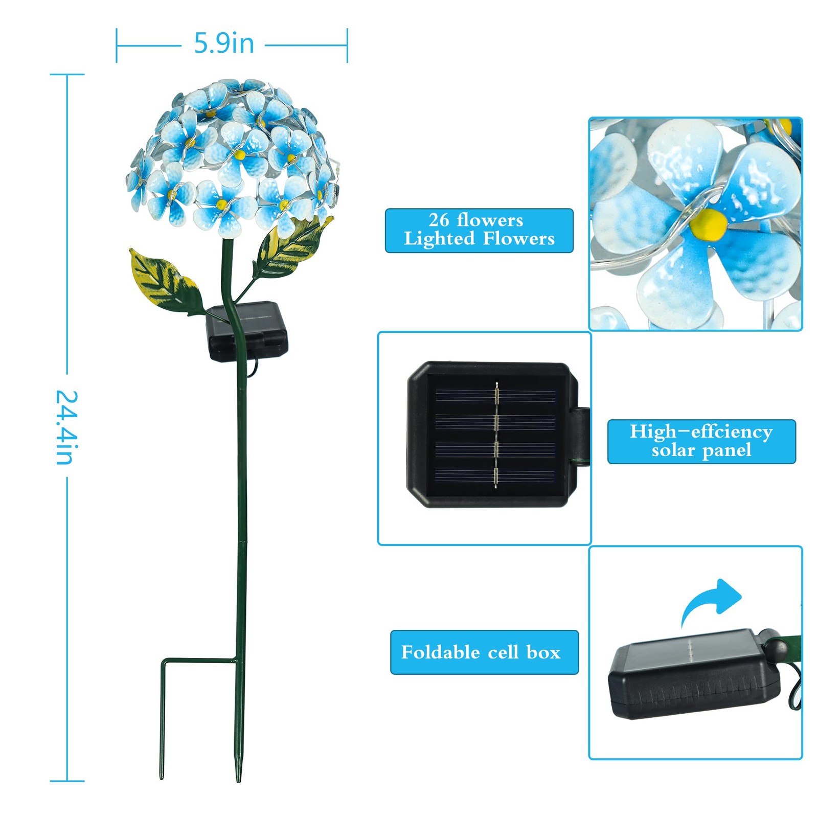 Solar Hydrangea w/26 LED Lights, Metal Ground Stake, 3 Colors, Outdoor Flower…