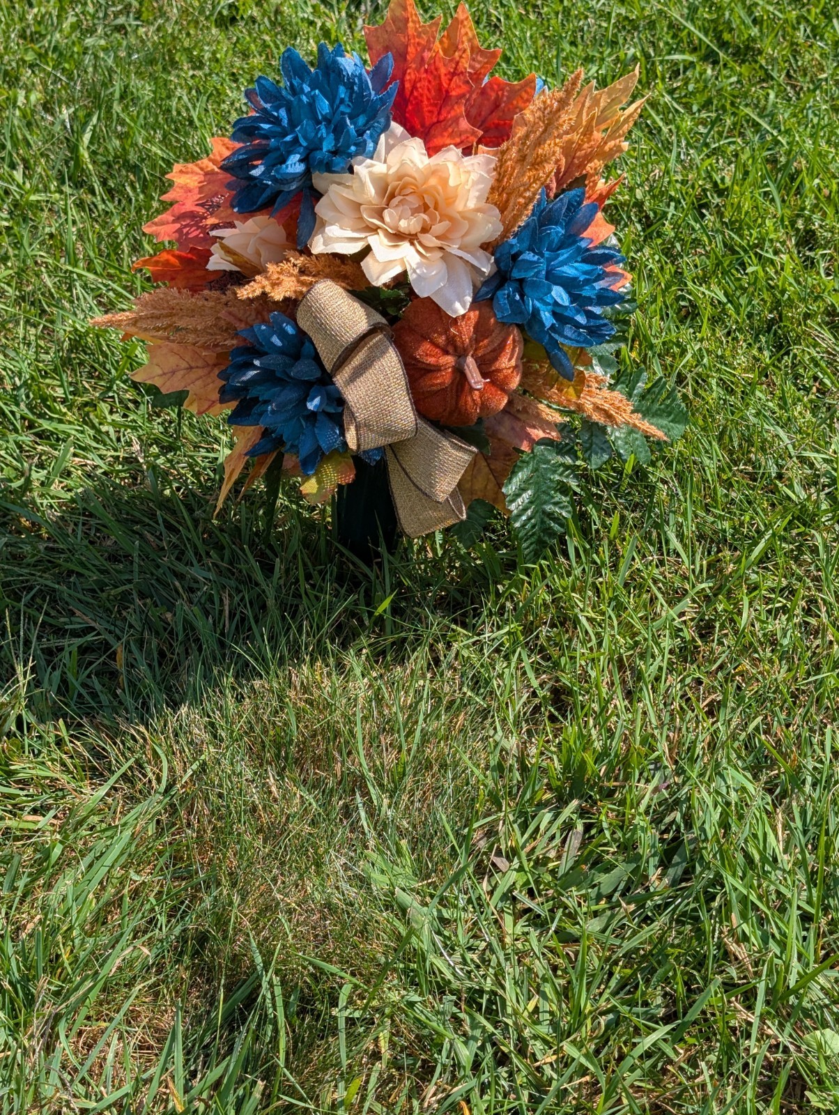 Fall Rust and Blue Cemetery Vase cone arrangement- Autumn florals