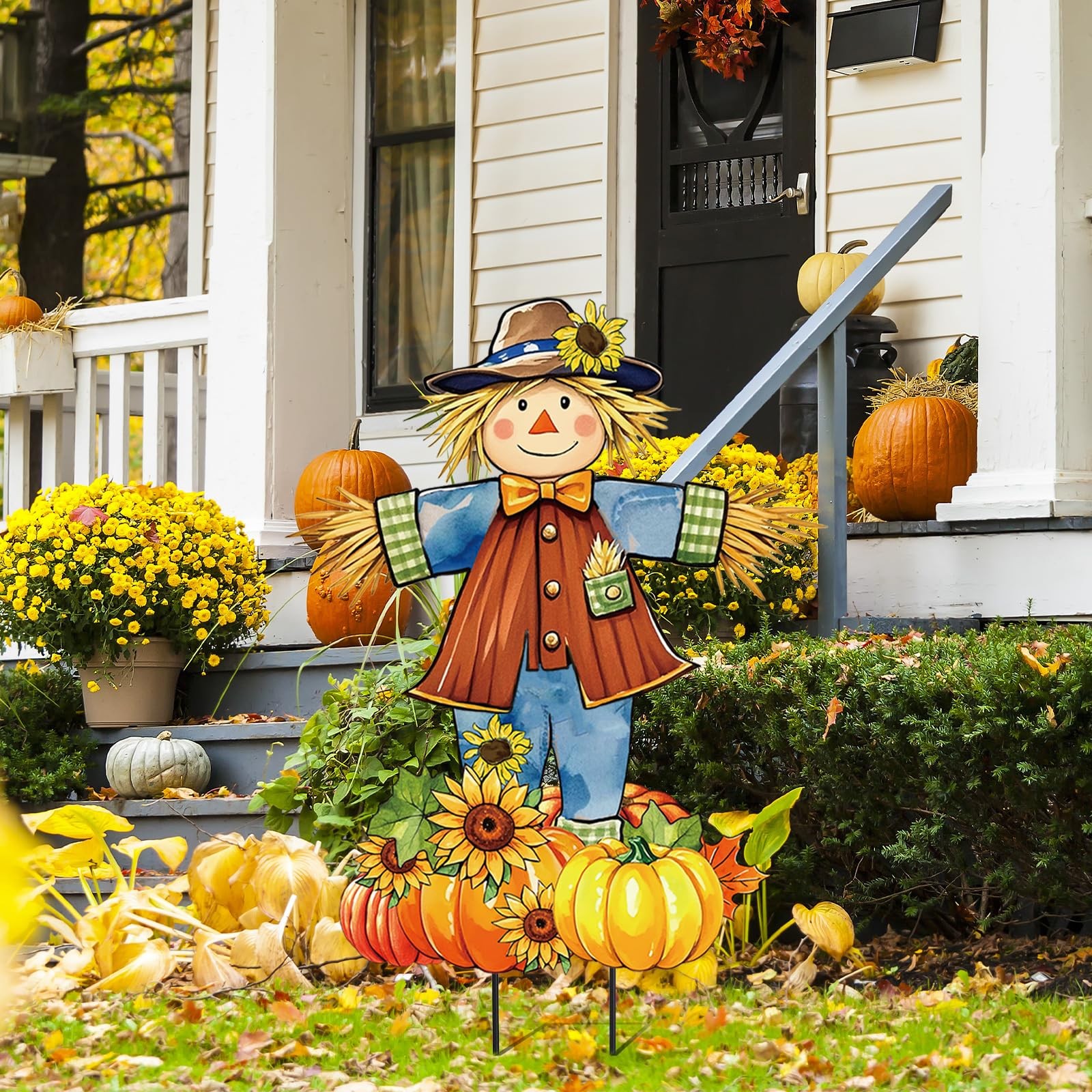 33 Inch Fall Scarecrow Metal Garden Stake Rustic Pumpkin Pile Lawn Yard Sign
