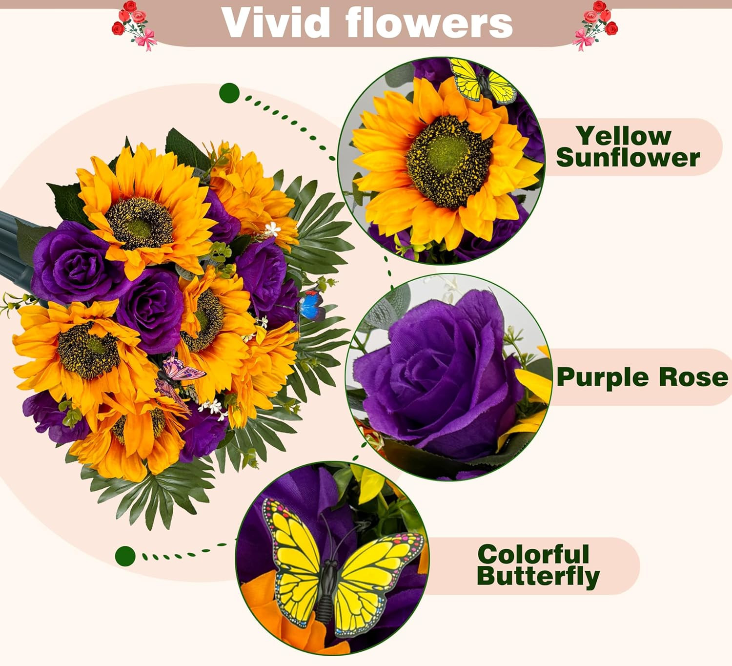 Vibrant Silk Sunflower & Rose Grave Saddle with 2 Bouquets – Purple/Yellow