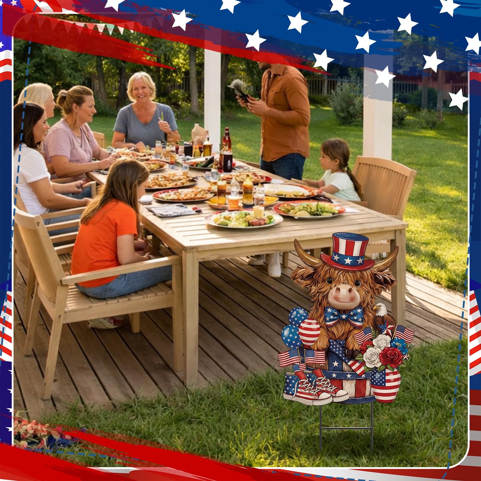 4th of July Highland Cow Metal Garden Stakes Patriotic American Flag Red Whit…