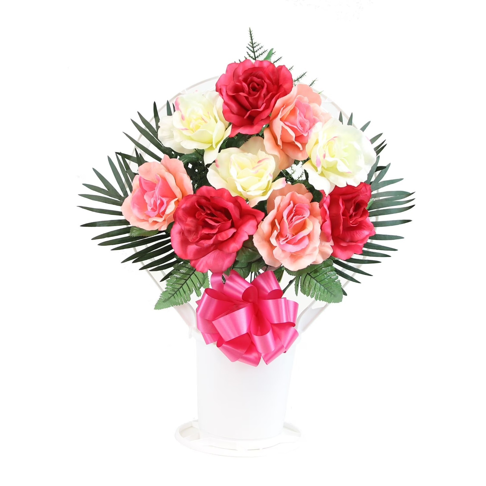Silk Rose Arrangement Large White Cemetery Hoop Basket Memorial Gravesite