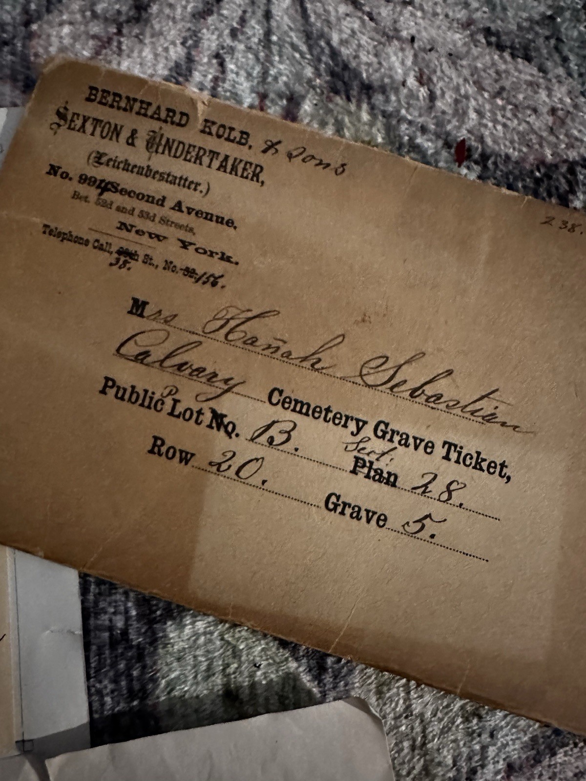 New York Funeral Grave Ticket Calvary Cemetery 1898 & Billheads 1952 Pa Used