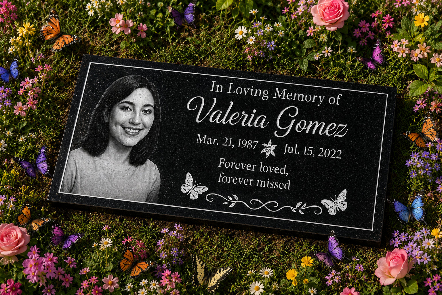 Custom Black Granite Memorial Grave Marker w/ Portrait & Butterflies