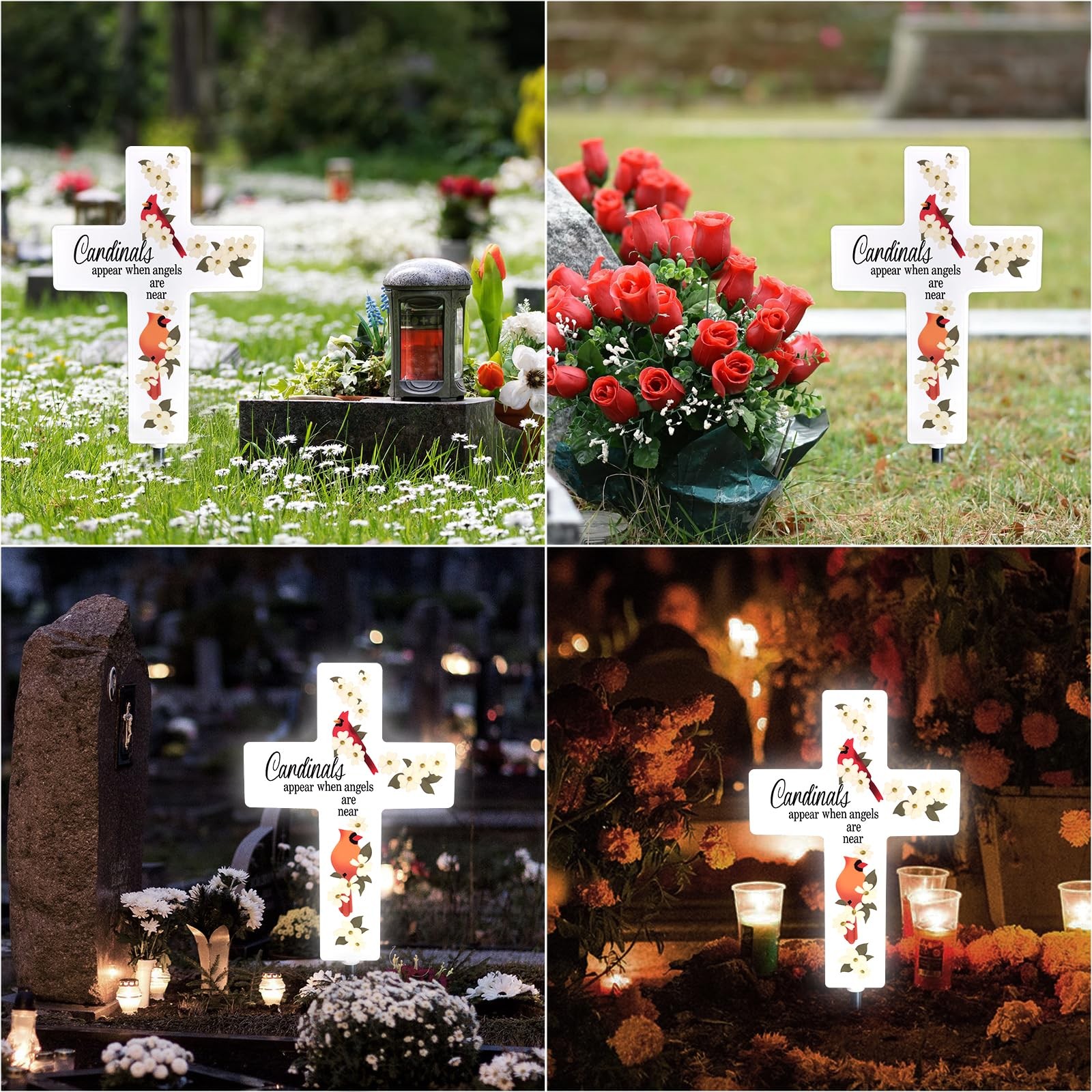 Solar Lighted Cross Cardinal Grave LED White Garden Cross Marker Heartfelt Ce…