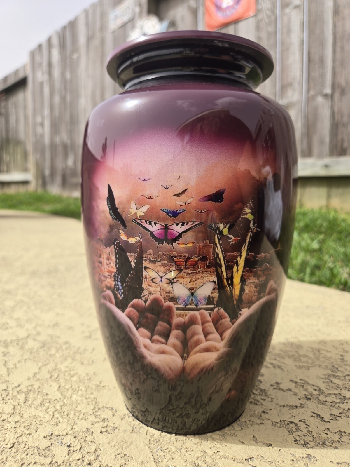Metal Hand-Painted Cremation Urn for Ashes Vase Funeral Urn Butterflies God