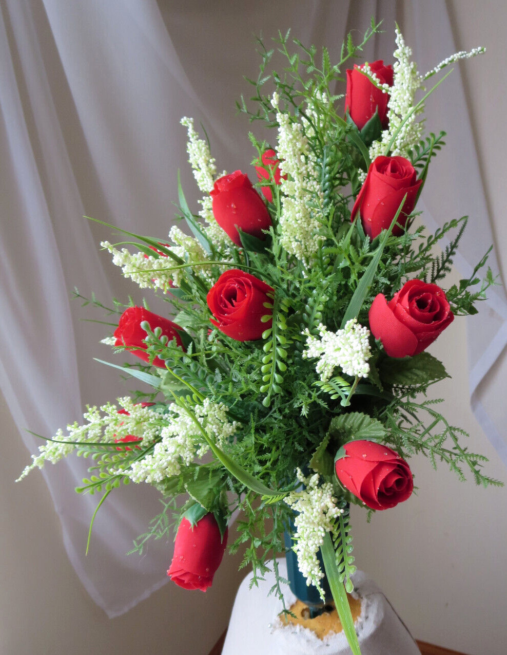 MEMORIAL CEMETERY GREEN VASE ARTIFITIAL FLORAL ARRANGEMENT 18″x 14″ NEW