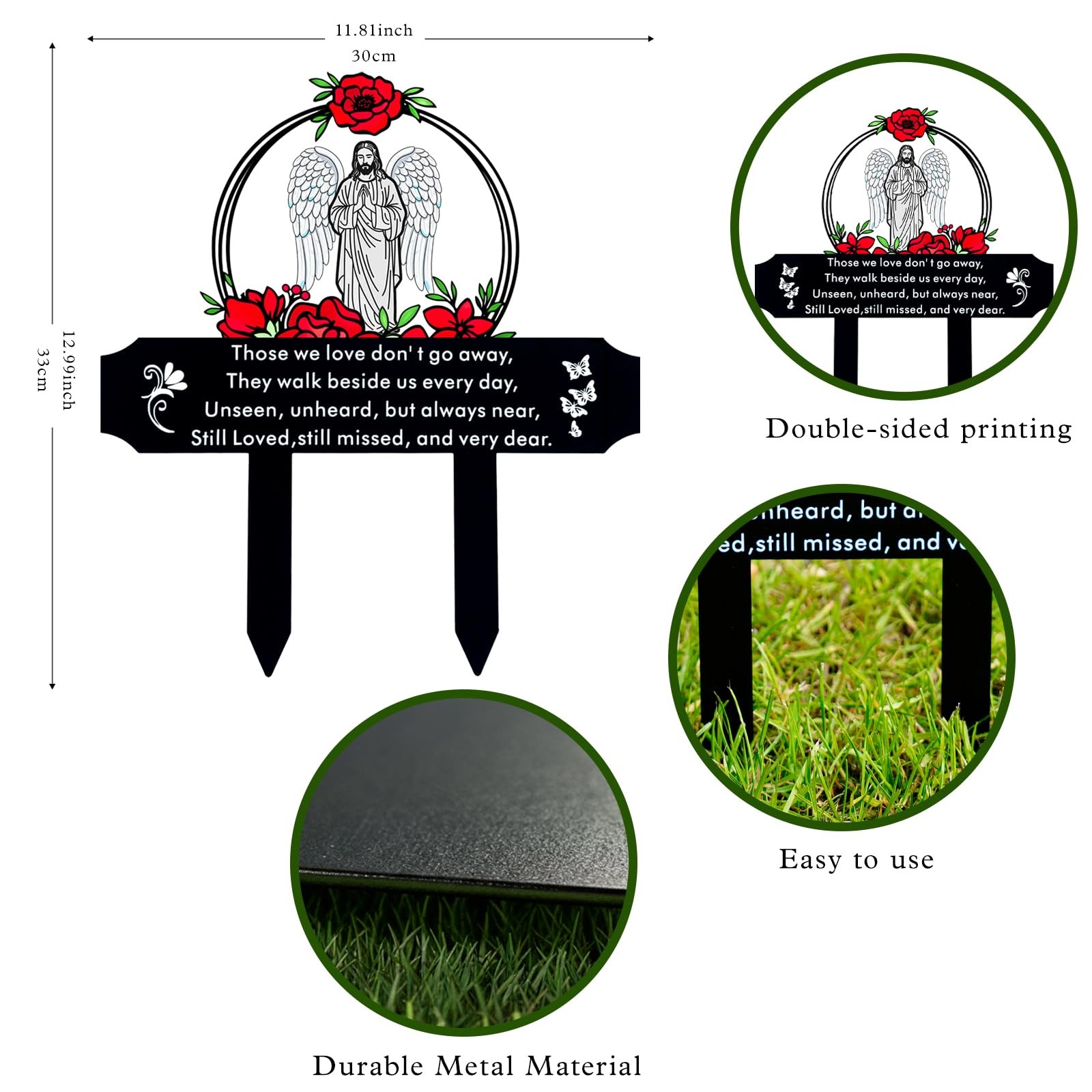 Metal Sympathy Grave Marker Jesus and Roses Waterproof Cemetery Decoration