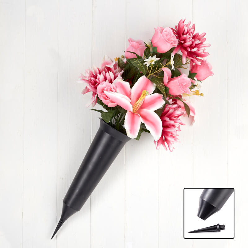 Artificial Premade Rose, Lily, and Mum Cemetery Memorial Cone Bouquet