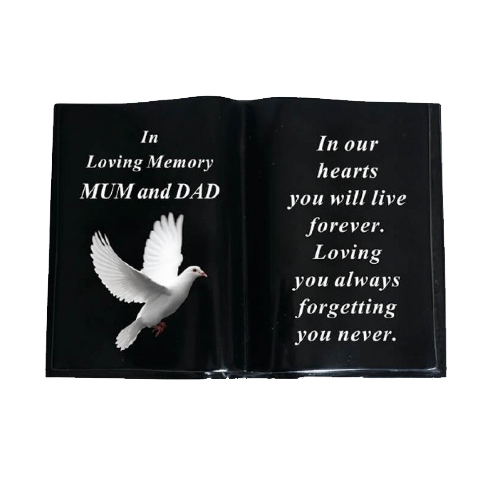 Graveside Memorial Open Book Ornament – Black with Dove – Mum and Dad