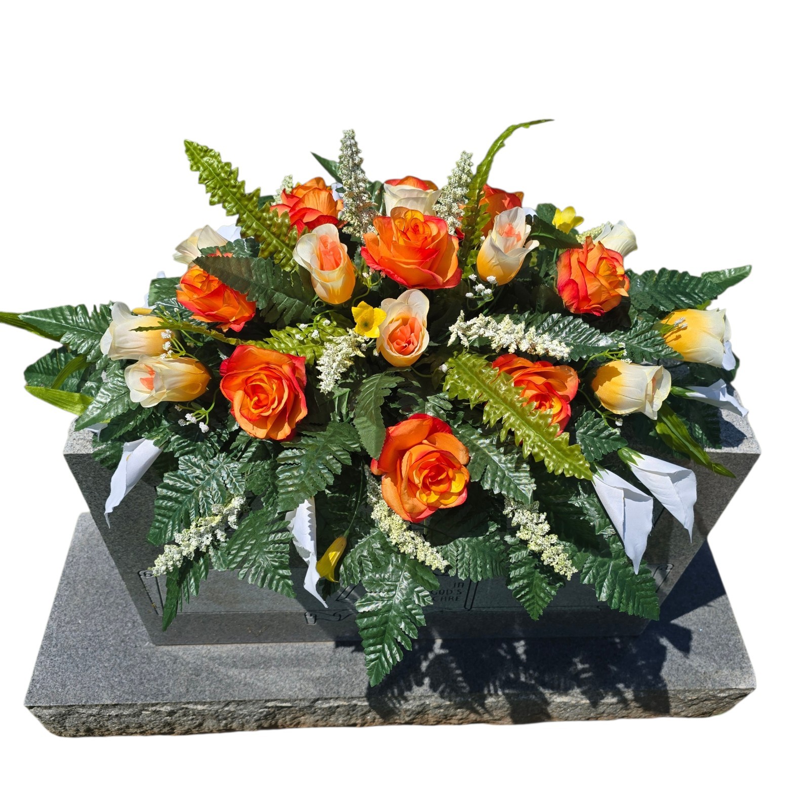 ORANGE AND WHITE HEADSTONE SADDLE WITH ORANGE ROSES & CALLA LILY’S FOR CEMETERY