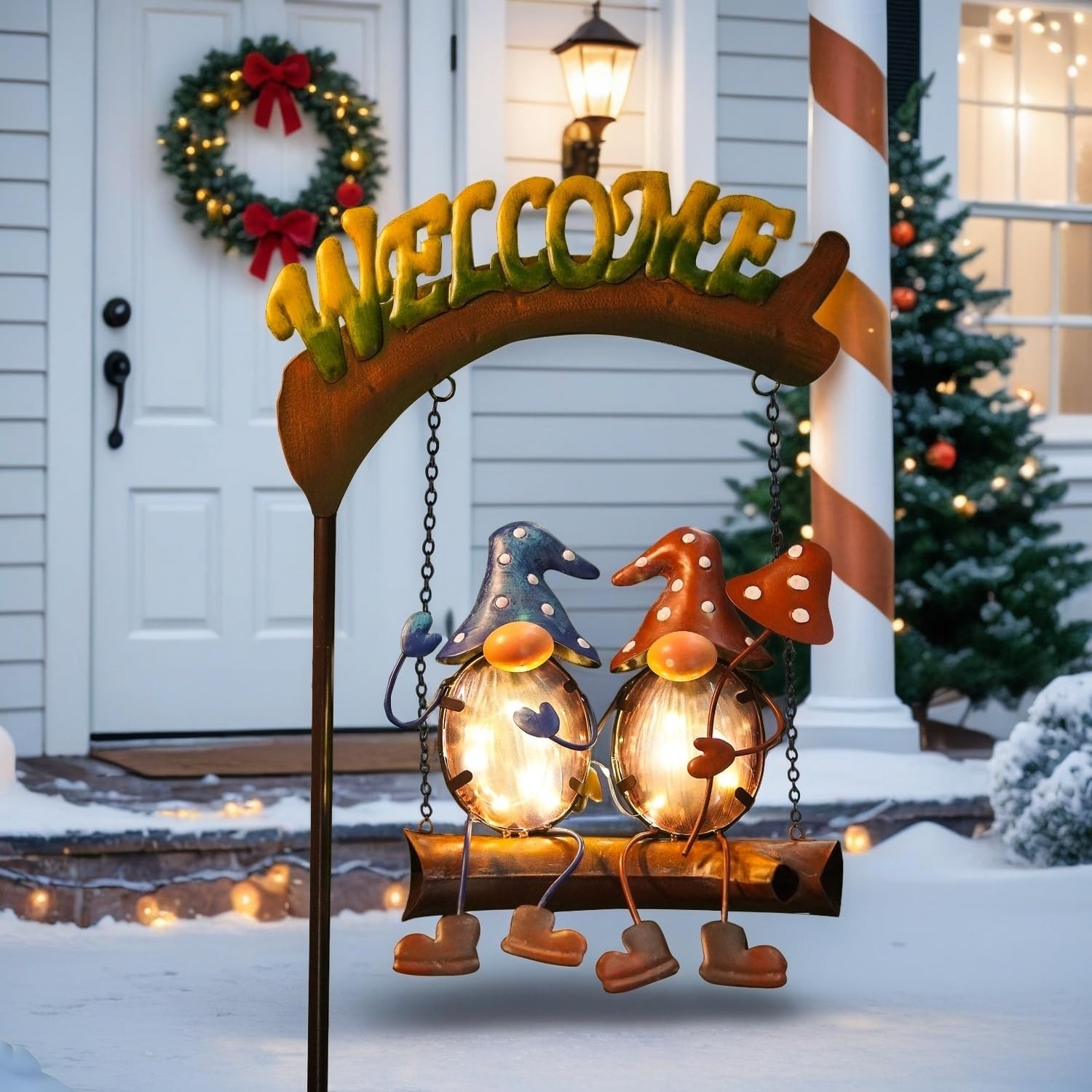Gnomes Garden Decor Solar Lights, 48 Inch Welcome Sign Swing Yard Decorations…