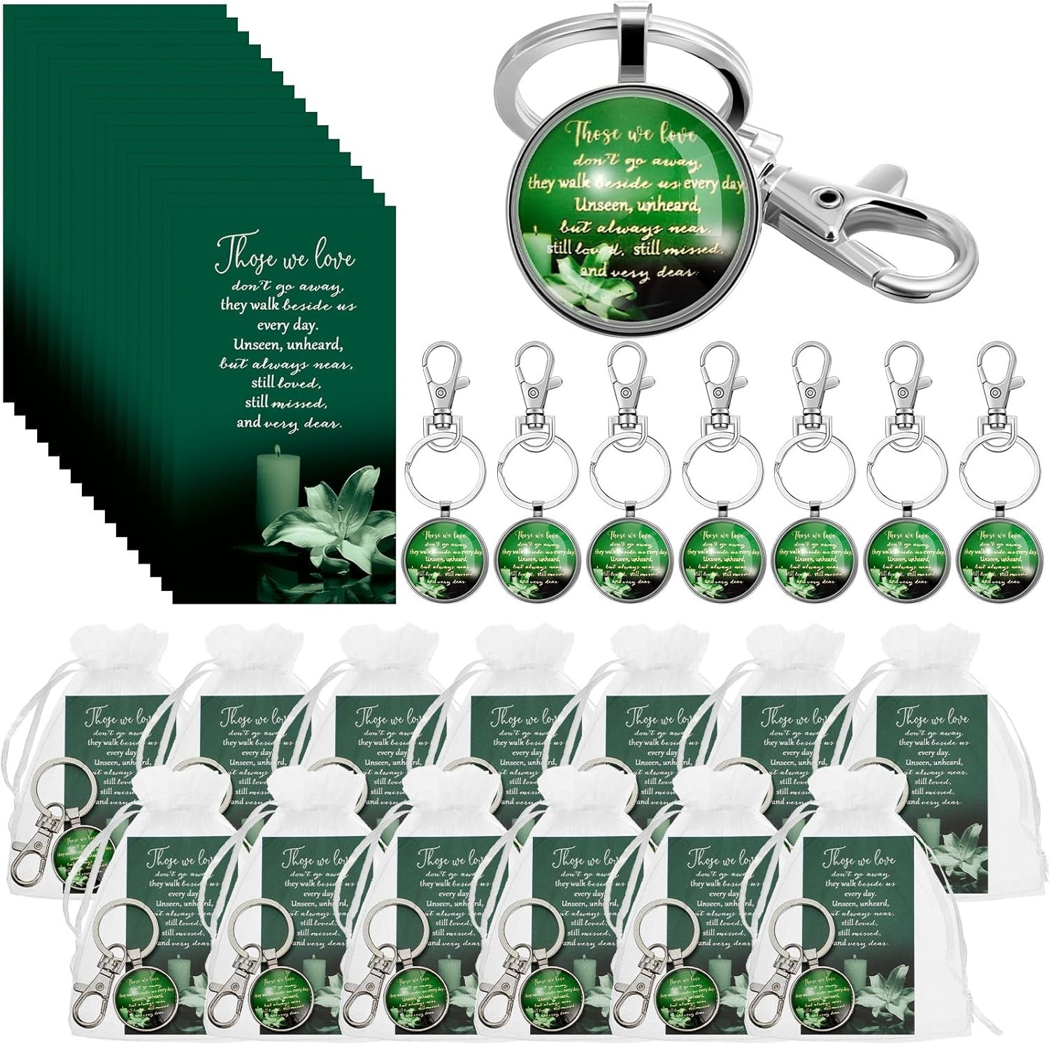 Dark Green Funeral Favors Bundle: Keychains & Cards
