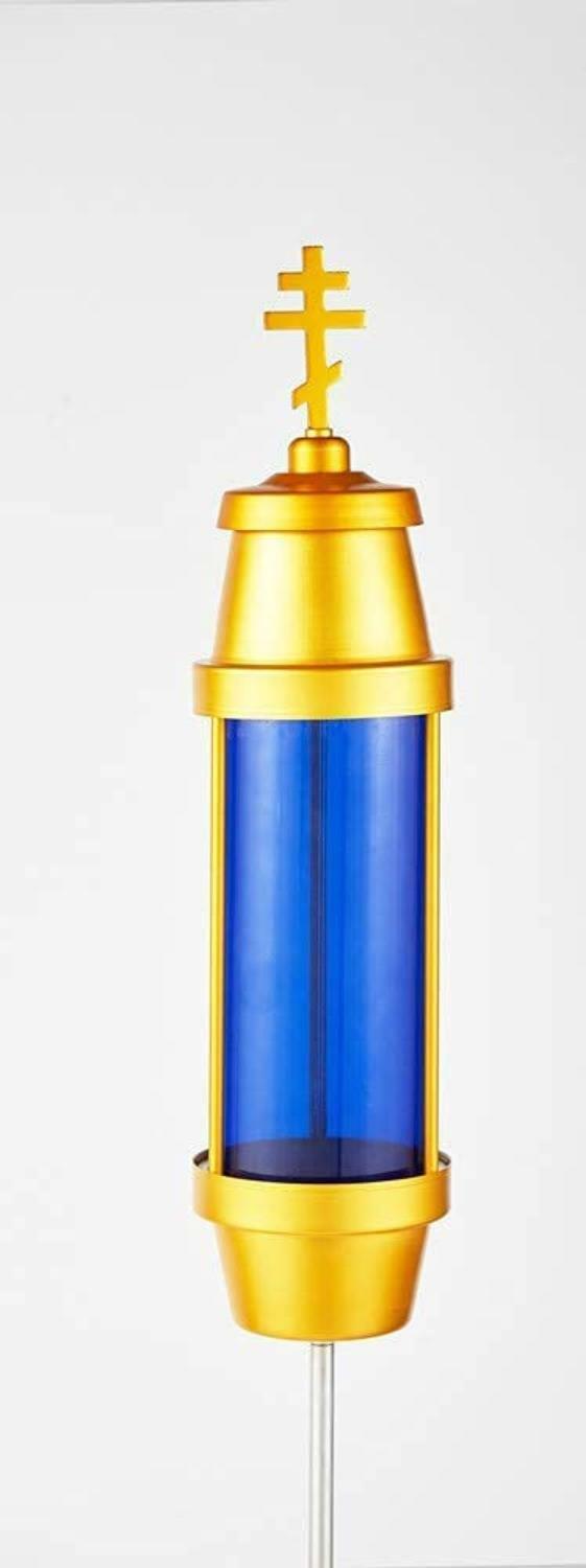 Orthodox Cross Cemetery Light / Vigil Memorial Light with Ground Spike (Blue)