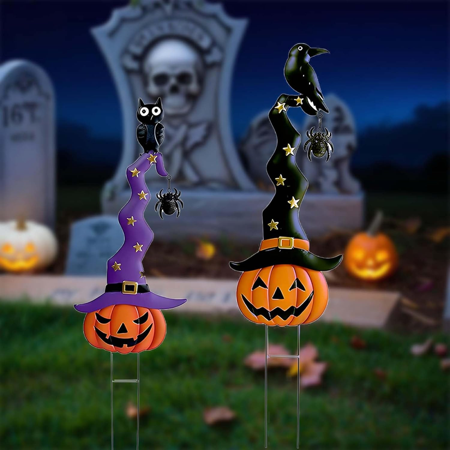 2 Pack Halloween/Thanksgiving Garden Decorations, Metal Jack-O-Lantern Stakes wi