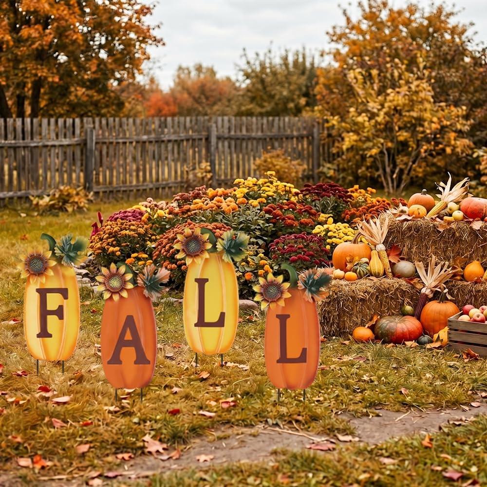Outdoor Fall Thanksgiving Decorations for Home, 4 PCS Metal Pumpkin Decorativ…