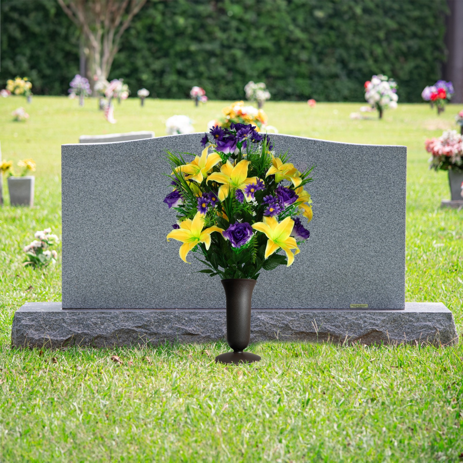 Artificial Cemetery Flowers- Yellow Lily with Purple Rose and Daisies with Vase