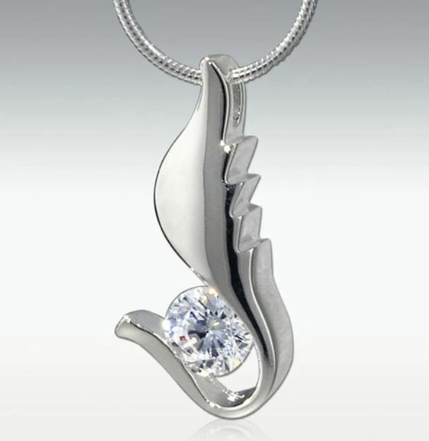 Diamond Wing Sterling Silver Funeral Cremation Urn Pendant w/Chain for Ashes