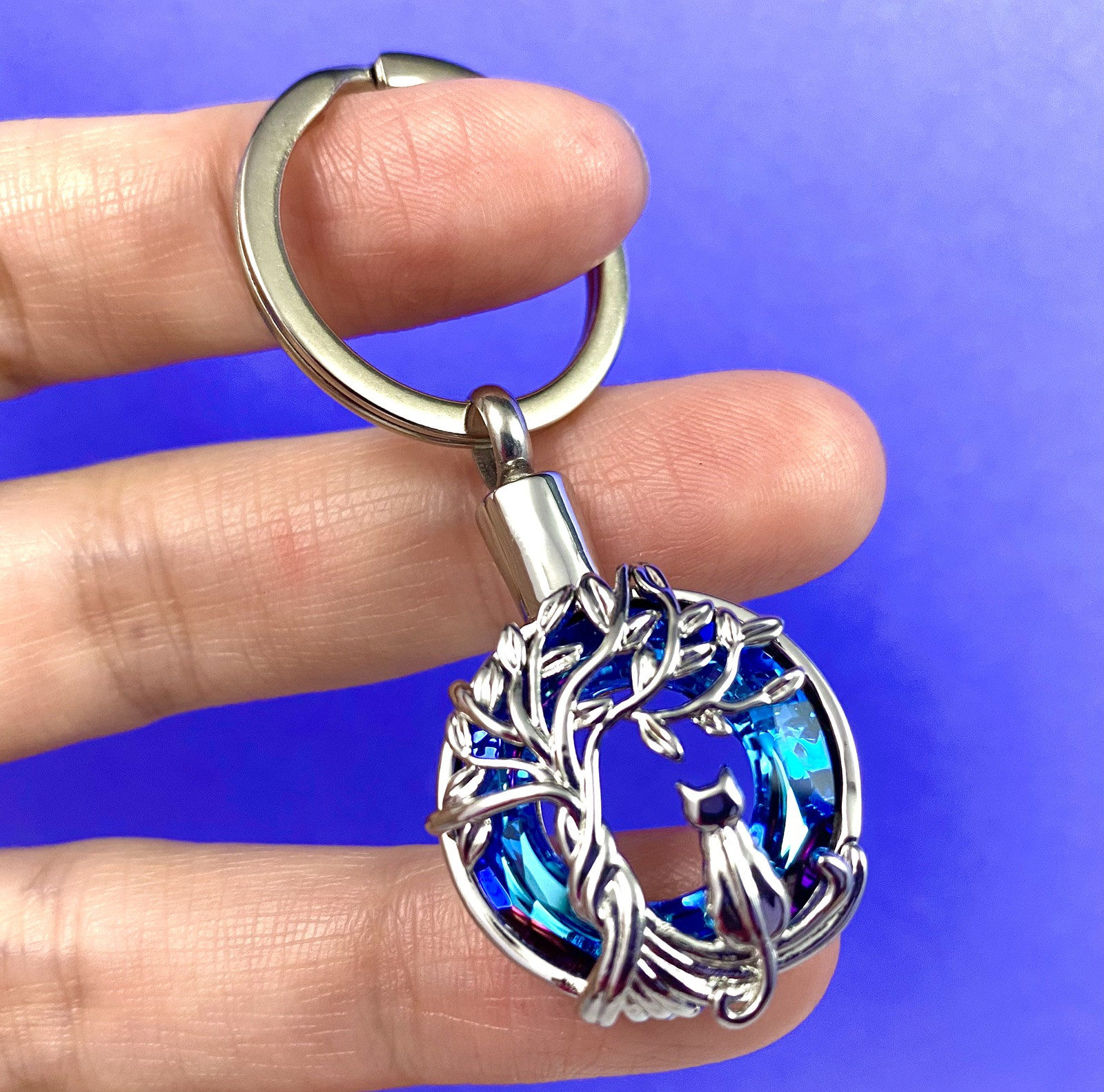 Keyring Urn .5″ Key Chain Cat Tree of Life Cremation Pendant Ashes Kitty Purple