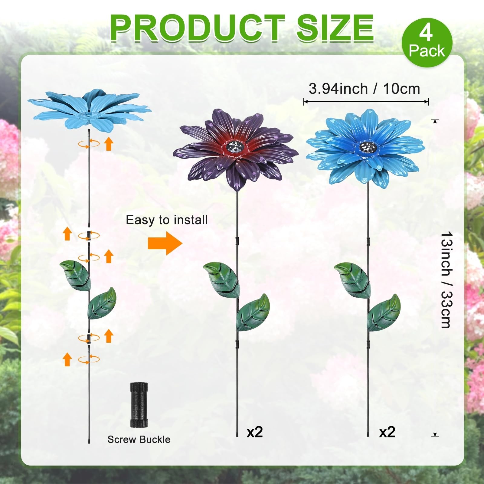4 Pack Large Flower Garden Decor Stakes, 13 Inch Waterproof Metal Garden Stak…