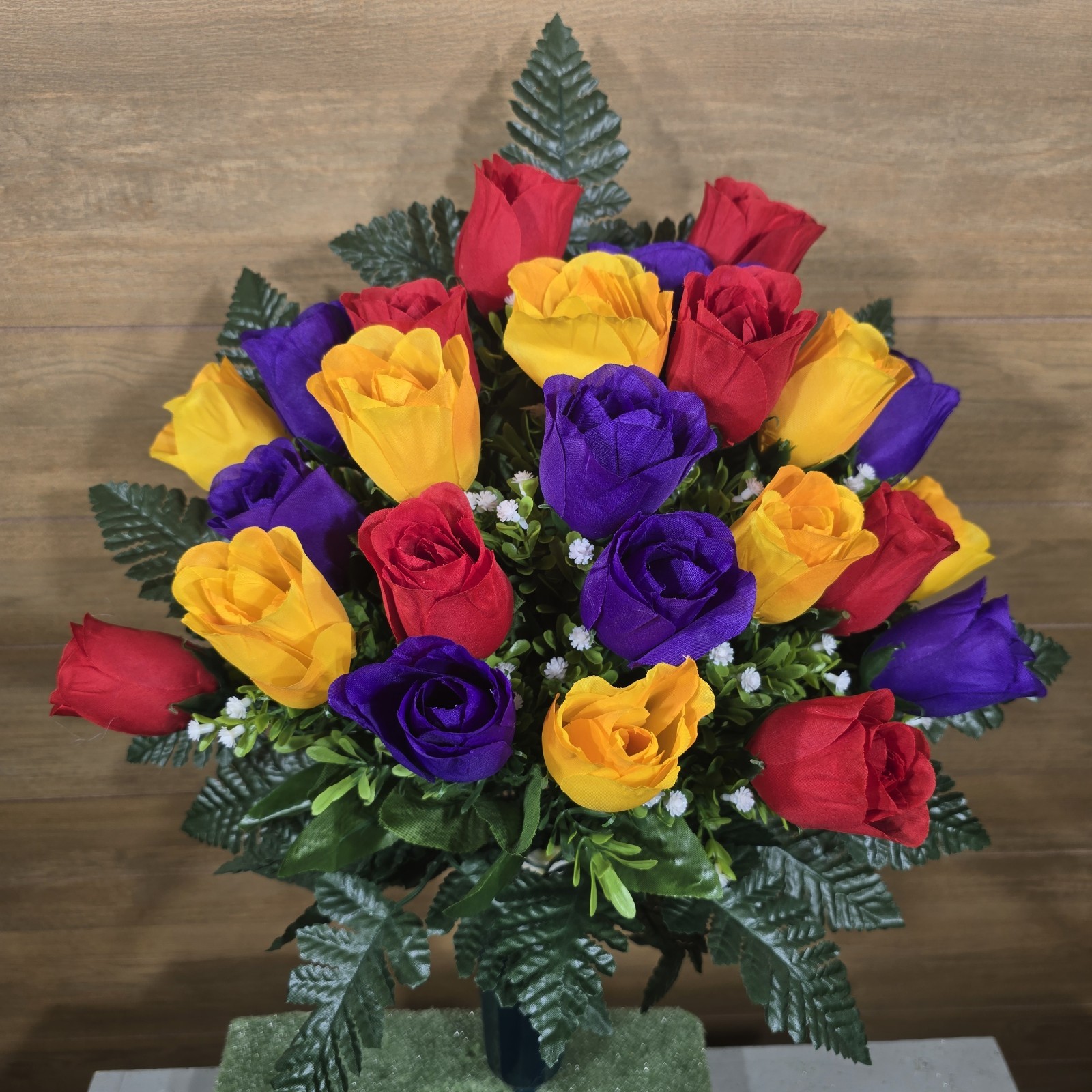 Red, Yellow, and Purple Rosebud Memorial Vase Arrangement with Baby’s breath