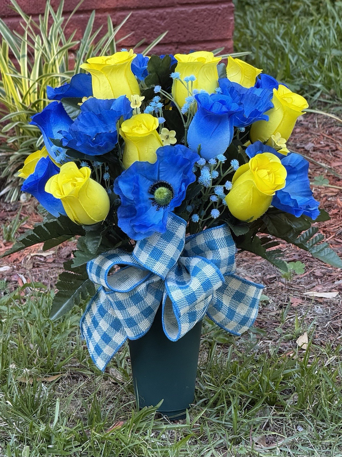 Cemetery Vase Memorial Silk Flower Arrangement Blue Two Tone & Yellow
