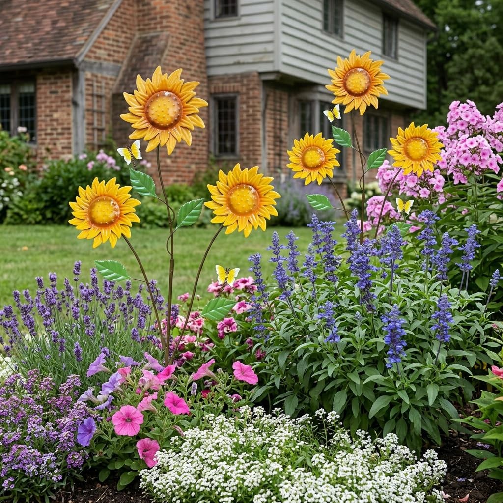 Metal Flowers for Outside, 30-Inch Iron Sunflower Garden Stakes Set of 2, Met…
