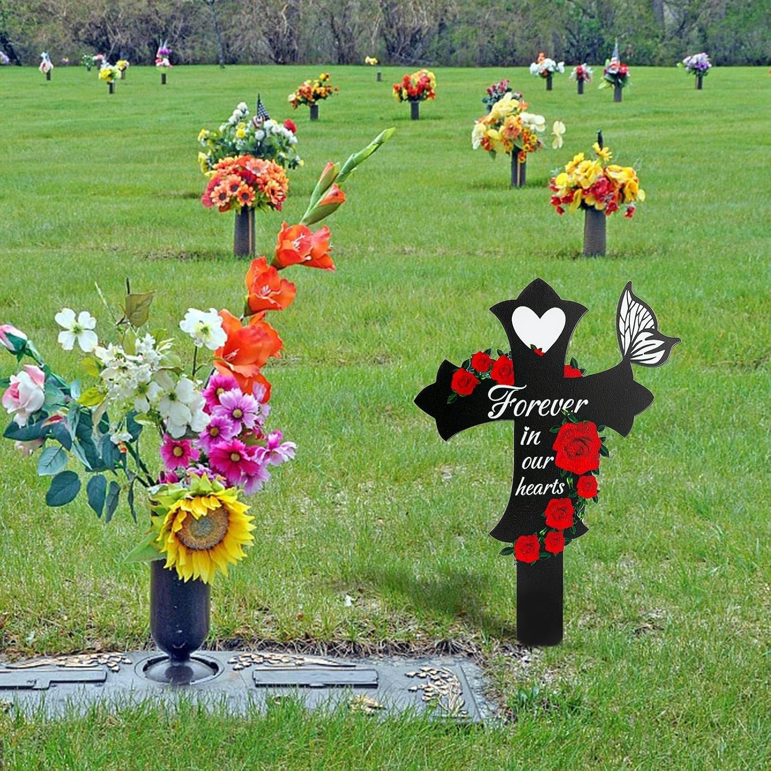 Elegant Family of Three Memorial Cross – Durable Grave Decorations in Black